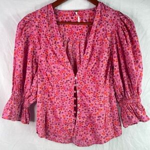 FREE PEOPLE Womens "I Found You" Blouse Top Size S Pink Peasant Puff Sleeves
